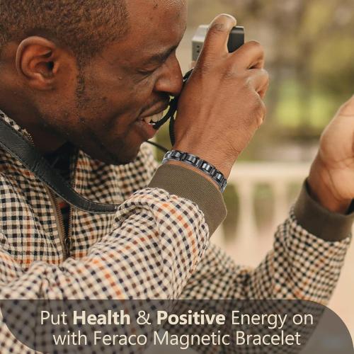 Feraco Mens Magnetic Bracelets, Classic Balck Titanium Stainless Steel Bracelets with Natural Hematite Magnet Stones,Men's Jewelry Gifts,8.66 inch