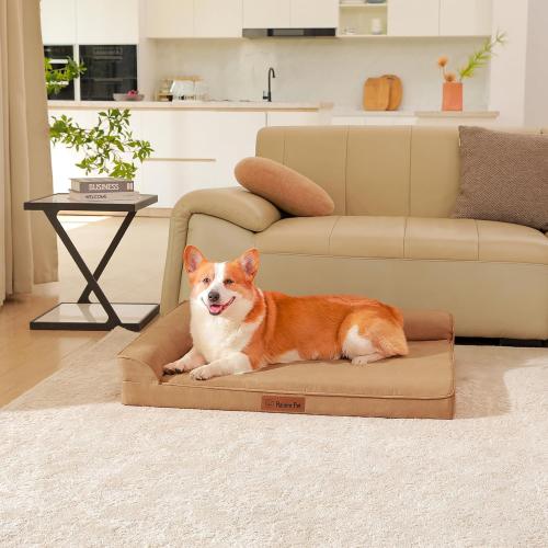 Orthopedic Dog Beds Large Sized Dog, Memory Foam Pet Bed for Medium and Large Dogs, Removable and Washable Microsuede Cover, TPU Waterproof Liner, Nonskid Bottom, Khaki
