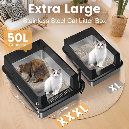 XXXL Stainless Steel Litter Box,Extra Large 28 L x 20 W Metal Litter Box for Big Cats & Multiple Cats with High Sided, Anti-Urine Leakage, Non-Sticky, Easy Cleaning, Include Scoop(Black)