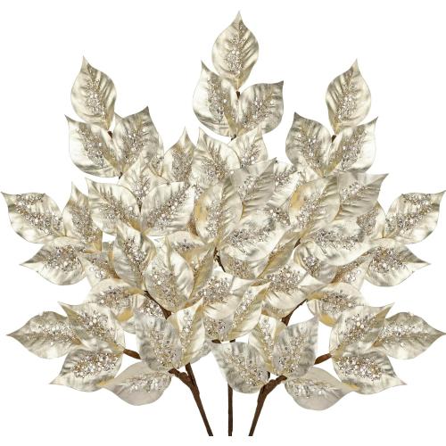 Christmas Tree Picks and Sprays 31.5 Champagne Atrificial Elm Leaves with Stems 3 Pcs Christmas Picks for Tree Champagne Vase Fillers for DIY Xmas Trees Wreath Centerpieces Wedding Bouquet Decor
