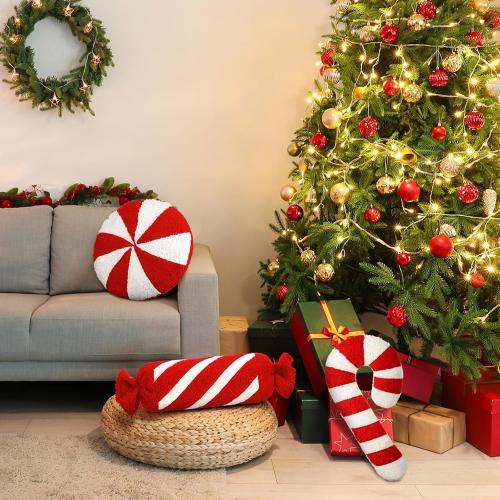 3 Pcs Christmas Pillows Decorative Throw Pillows Candy Merry Christmas Tree Stuffed Wool Soft Xmas Plush Cushion for Sofa Couch Bedroom Living Room(Red)