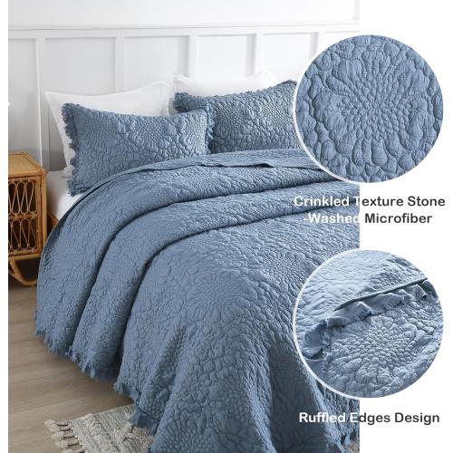 HORIMOTE HOME Blue Ruffled Quilt King Size, Stone-Washed Microfiber Lightweight Crinkled Farmhouse Rustic Shabby Chic Bedding Set, 3 Pieces Reversible Bedspread with Pillow Shams for All Season