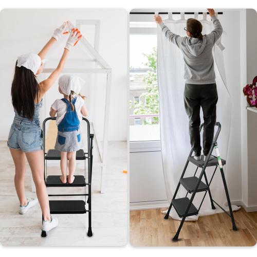 Black 3 Step Ladder, Protable Steel Folding Stool with Wide Anti-Slip Pedal, 500lbs Sturdy Steel Ladder
