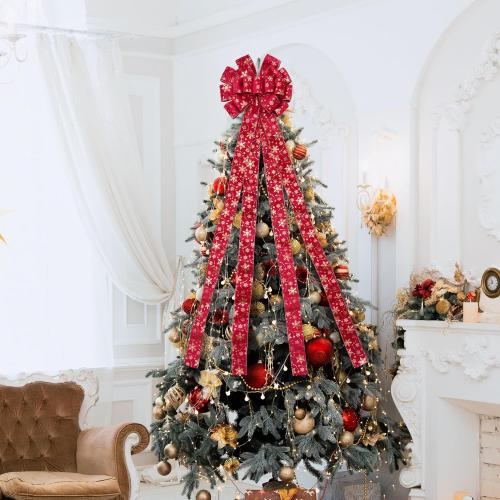 Christmas Tree Topper, 40x13 Inches Toppers Bow with Glitter Satin Mesh Streamer and Patterned Ribbon, Christmas Tree Topper Bow for Christmas Home Decoration (Red & Gold)