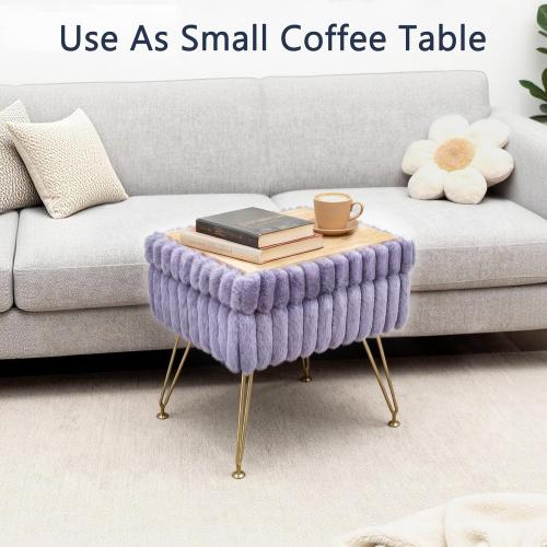 Vanity Stool Chair with Storage, Faux Fur Soft Padded Ottoman with Coffee Table, Modern Vanity Chair Fluffy Footstool with Metal Legs for Makeup, Living Room,Bedroom Purple