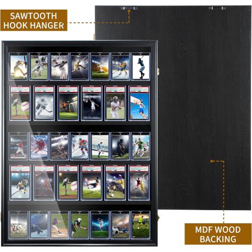 Baseball Card Display Case-35 Graded Sports Card Display Frame,UV-Protected Transparent Visual Lockable Wall Cabinet for Football Baseball Basketball Hockey Trading Cards,Large Vertical Black