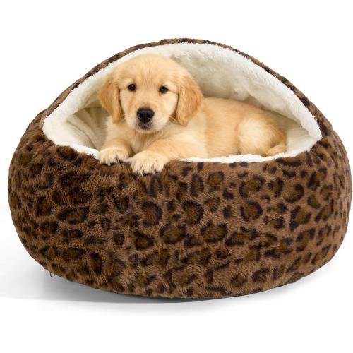 Calming Dog Beds & Cat Cave Bed with Hooded Cover,Removable Washable Round Beds for Small Medium Pets,Anti-Slip Faux Fur Fluffy Coved Bed for Improved Sleep,Fits up to 15/25 lbs(Leopard Print,M)