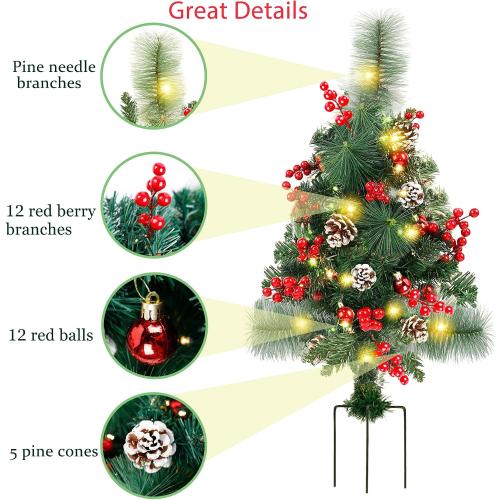 Lulu Home 2 Pack 2 Ft Pre-Lit Pathway Christmas Trees with Stake, Battery Operated 60 LED Lighted Small Christmas Trees Yard Stake Outdoor Decoration with Red Berries, Red Balls, Pine Cones