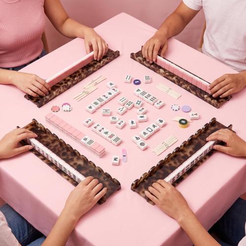 Effortless Mahjong Game: 4 Tortoise Shell Acrylic Racks (20) with Magnetic Pushers & Wavy Edge – Smooth Tile Alignment, Easy Storage