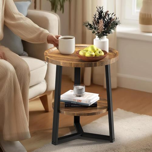 BLACK AND WOODEN COLORED PPAMAPIC Round End Table, 2 Tier Side Table with Storage Shelf, Nightstand Accent Table for Living Room Bedroom Small Space, Black Metal Frame, 19.7 D x 23.6 H, Rustic Brown