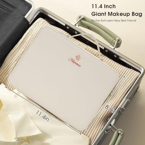 Faquenc Leather Makeup Case with LED Lighted Mirror 11.4 Inch Travel Makeup Bag Adjustable Brightness in 3 Colors Cosmetic Organizer Artist Storage Bag with Dividers Brush Holder Bag Vanity White
