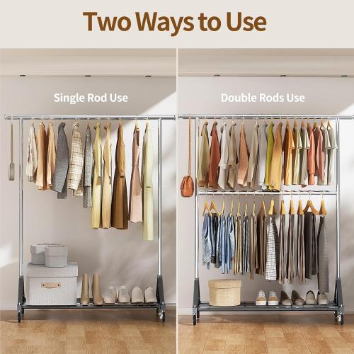 Luxspire Heavy Duty Clothes Rack Load 600 LBS, Double Rod Clothing Rack, Rolling Garment Racks with Lockable Wheels, Shelves, Adjustable Laundry Hanging Racks for Clothes