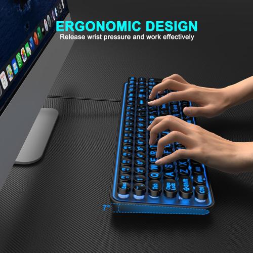 QUASIO Large Print Backlit Keyboard, Wired USB Lighted Computer Keyboards with 7-Color Backlit, Oversized Print Letters, Quiet Typewriter Keyboard with Retro Round Keycaps for Windows PC, Laptop