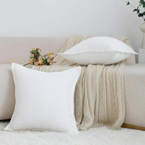 LIGICKY Set of 2 White Corduroy Throw Pillow Covers 18 x 18 inch Decorative Neutral Striped Textured Pattern Cushion Cover Soft Wide Edge Square Cushion Cases for Sofa Bedroom Couch Party Décor