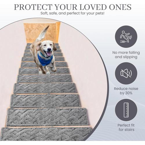 Carpet Non Slip Stair Treads Indoor – Washable Thicker Polyester Fiber Fade Resistant Stair Rugs for Kids Elders and Pets – 9 X 30 Size Rugs Pack of 15