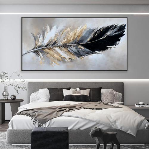 Canvas Art Wall Decor Modern Large Wall Decor Abstract Wall Art for Living Room Modern Home Decorations 29X58 With Framed Painting Black and Gold Minimalist Abstract Art Feather Home Artwork