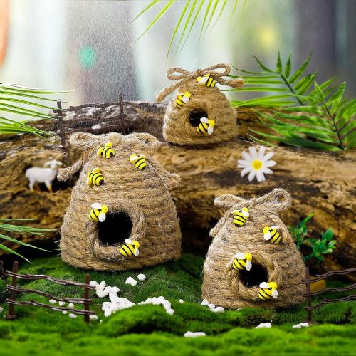 Jutom 3 Pcs Bee Hive Decor Honey Bee Tiered Tray Decor Summer Spring Honeybee Decorations Mini Jute Farmhouse Beehive for Kitchen Table Shelf Home Coffee Bar Themed Party(Vintage Color)