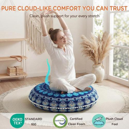 Codi Meditation Floor Pillow, Round Large Pillows Seating for Adults, Bohemian Mandala Circle Cushion for Outdoor Fireplace Yoga Living Room, 32 Inch, Memory Foam Added, Navy