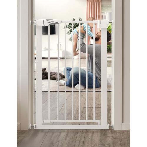 BABELIO 36 Tall Narrow Baby Gate, 26-28.5 Wide Auto-Close Metal Pet Gate for Small Stairs/Doorways/Hallways, Pressure/Hardware Mounted for Child and Pets, NO Extensions, White