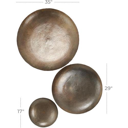 Deco 79 Metal Plate Home Wall Decor Large Metallic Disk Wall Sculpture, Set of 3 Wall Art 35, 29, 17D, Bronze