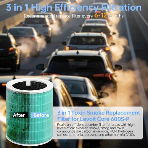 Core 600S Toxin Absorber Replacement Filtër for LEVOIT Core 600S/600S-P | 3 in 1 Powerful Particle & Activated Carbon Core 600S-P Filter for Wildfire Smoke Household Odors, Core 600S-RF-TX, 2P, Green