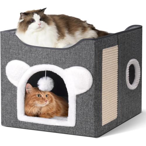 Cat Houses for Indoor Cats, Large Cat Cave with Fluffy Ball and Scratch Pad, Covered Cat Bed House, Foldable Cat Hideaway