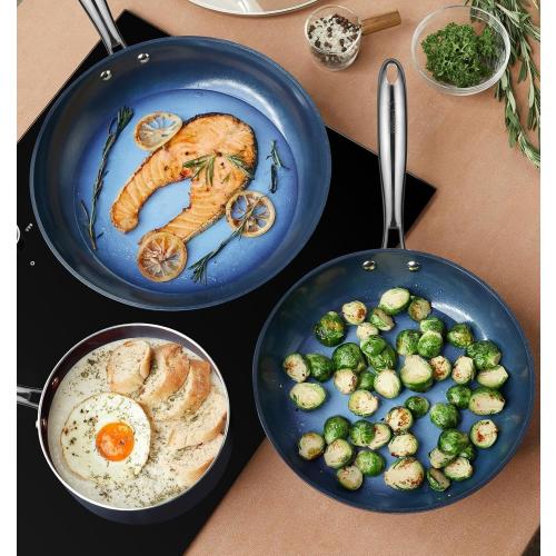 KOCH SYSTEME CS 14 Inch Large Frying Pan with Lid, Nonstick Skillet with Ceramic Interior, Large Fry Pan for Family & Commercial Cooking, Frying Pan Nonstick, Oven Safe & Induction Compatible, Blue