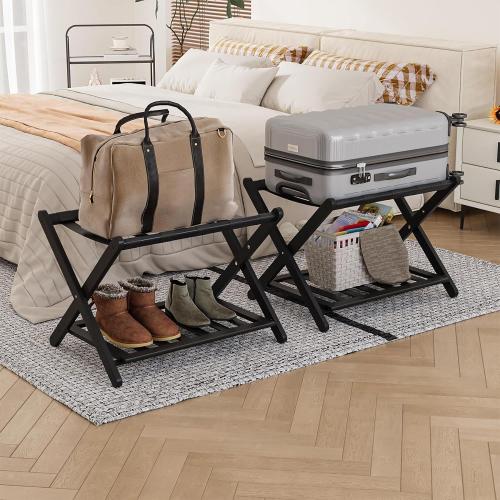2 Pack Fully Assembled Black Bamboo Luggage Racks with Shoe Shelf, 5 Straps Folding Suitcase Stand, Heavy Duty Luggage Holders for Guest Room, Bedroom, Hotel