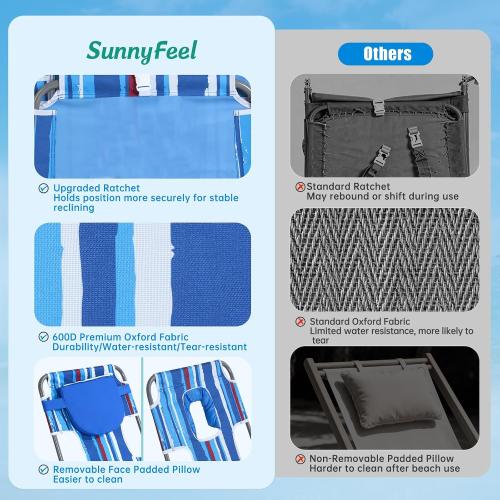 SUNNYFEEL Beach Lounge Chair, Reclining Beach Chairs Lay Flat, Sun Face Down Tanning Chair, Folding Camping Chairs Portable Camp Cot with Straps for Outdoor/Picnic/Lawn