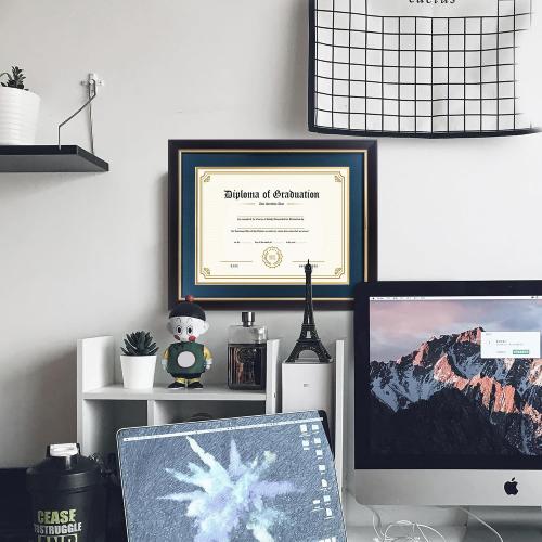 11x14 Diploma Frame with Navy over Gold Mat, 14x17 Certificate Frame, Real Wood with Gold Trim, Black Frame with Arcylic