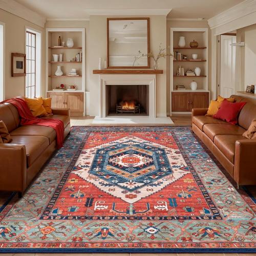 SERISSA Washable Rugs 9x12 Area Rugs, Large Non-Slip Boho Living Room Rust Rug, Ultra Soft Vintage Print Distressed Oriental Tribal Farmhouse Carpet for Dining Room Bedroom Dorm Office Home Decor