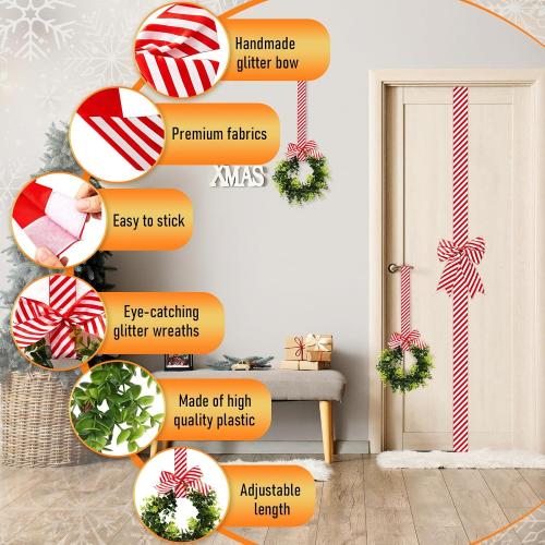 Yinkin 16 Pcs Christmas Door Cabinet Bows with Wreaths Set 10 Large Cabinet Bows 6 Mini Hanging Garlands Front Christmas Door Decorations Xmas Hanging Ornaments for Party Supplies (Red and White)
