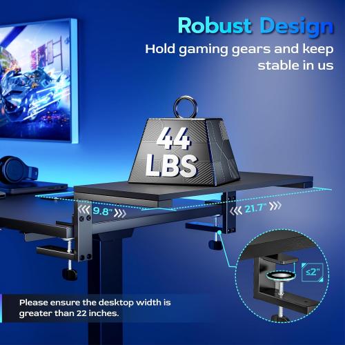 22 inches Desk Extender Shelf, 22x 9.8 Versatile Clamp on Desk Shelf, Heavy Duty Desktop Organizer for Gaming and Office Accessories, Black