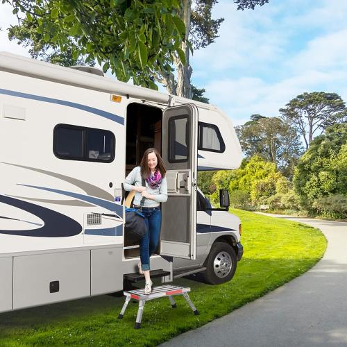 Safety RV Steps, Yagud Height Adjustable Folding Platform Step with 17 X 12 Anti-Slip Surface, Rubber Feet, Handle, Reflective Strips, and T Level, Aluminum RV Step Stool Supports Up to 1000lbs