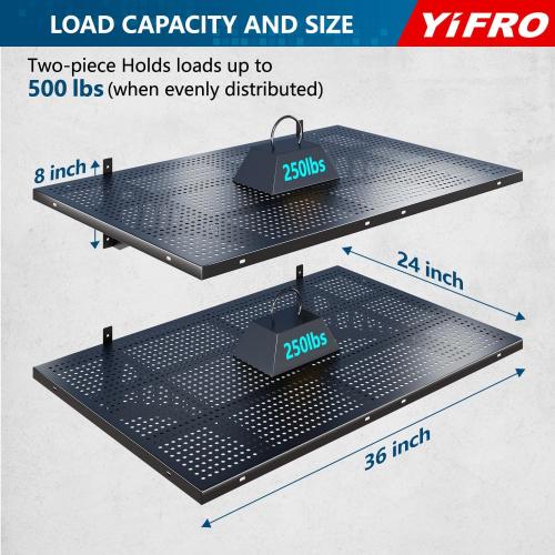 BLACK 1- Pack 2x3ft Heavy Duty Garage Wall Shelving, 500 lbs Load Capacity, Garage Shelving Wall Mounted, Garage Storage Rack with Hooks, Black