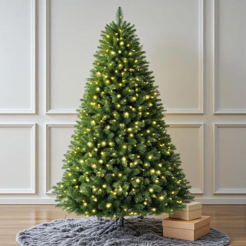 6 FT Pre-lit Christmas Tree, Artificial Pine Spruce Christmas Tree 980 PVC Branch Tips 300 Warm White Lights, Easy Assembly with Metal Stand and Hinged Branches Decoration