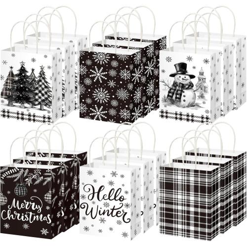 Fourluoo 30 Pack Winter Paper Gift Bags with Handles Black and White Winter Snowman Tote Bags 5.9 x 3.1 x 8.3 Inch Christmas Party Favor Snow Pine Candy Gift Handbag for Xmas Party Supplies