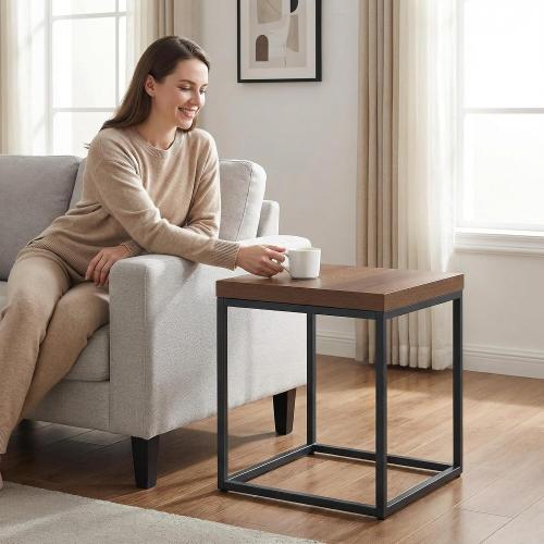 CENSI Modern Square End Table, 18 Walnut Side Table for Living Room, Extra Thick 1.6 Wood Top & Metal Frame, Sturdy Industrial Nightstand Accent Furniture(Dark Walnut)
