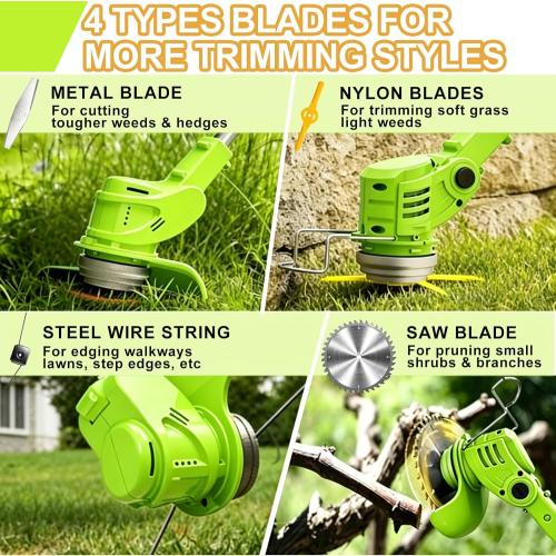 Electric Weed Wacker, 21V Cordless Weed Eater Battery Powered, No String Trimmer with Wheels & Metal Blades, Lightweight Grass Trimmer/Brush Cutter/Lawn Edger, Stringless Weed Trimmer for Yard Garden