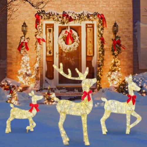 Lighted Christmas Reindeer Decoration, 3 Piece 2D Lighted Christmas Deer Family Set with 8 Lighting Modes, Outdoor Deer Decorations for Yard Patio Lawn Garden Party