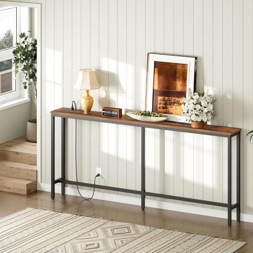 Size 70.9'' Console Table with Power Outlet, Narrow Sofa Table, Industrial Entryway Table with USB Ports, Behind Couch for Entryway, Hallway, Foyer, Living Room, Rustic Brown CTHR18E01Z1