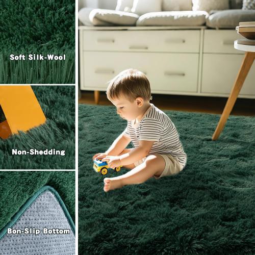 Green Fluffy Rug for Bedroom 4x5.9 ft - Ultra Soft & Non Slip Shaggy Area Rug, Comfy Durable Carpet for Living Room Kids Room Teens Dorm Home Decor, 1.7'' Thick Indoor Plush Carpets