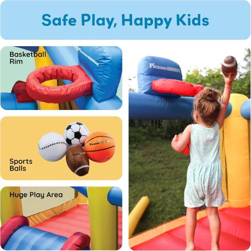 [Upgrade Version] PicassoTiles KC102 12x10 Foot Inflatable Bouncer Jumping Bouncing House, Jump Slide, Dunk Playhouse w/Basketball Rim, 4 Sports Balls, Full-Size Entry, 580W ETL Certified Blower‼️light dirt‼️