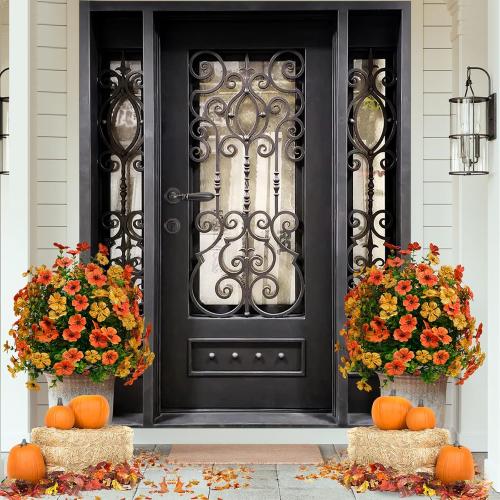 Artificial Topiary Bushes for Outdoors with Spike, Boxwood Ball Fake Shrubs UV Resistant Faux Plants for Indoor Outdoor Fall Thanksgiving Halloween Decor (Orange Green)