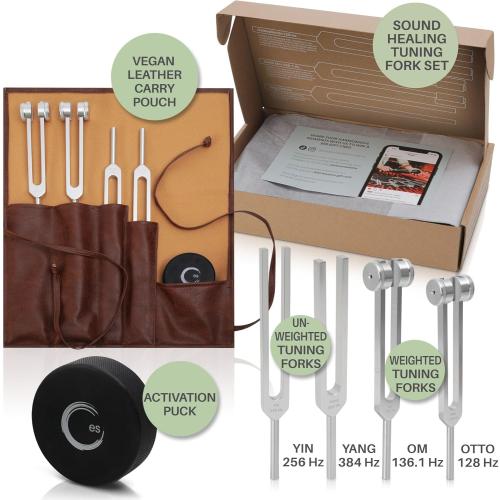 Resonance Tuning Forks for Healing Set - 128Hz, 136.1Hz, 256Hz, 384Hz Weighted & Unweighted Tuning Fork Set Includes Hockey Puck Activator - Chakra Sound Therapy Instruments in a Vegan Leather Pouch