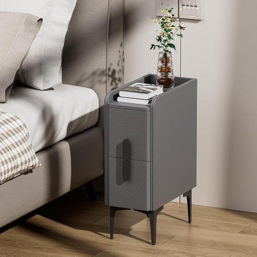 Size 15.7 D x 7.8 W x 22.4 H Color light grey VICITON Narrow Nightstand with 2 Drawers, Narrow Side Table Leather Surface, Slim Bedside Table for Bedrooms, Dormitories, Living Rooms (Light Gray, 15.7 D x 7.8 W x 22.4 H)