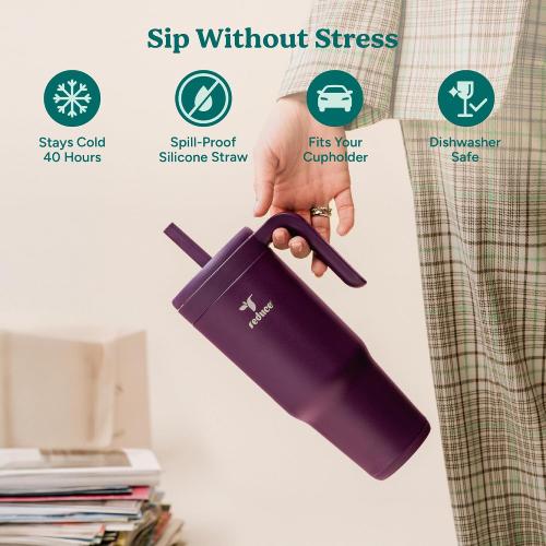 REDUCE Chiller Vacuum Insulated 40 oz Tumbler with Spill-Proof Silicone Straw - Sustainable Tritan Lid with Water Intake Markers - Soft Sit Base Travel Mug - Dishwasher Safe - Unbleached