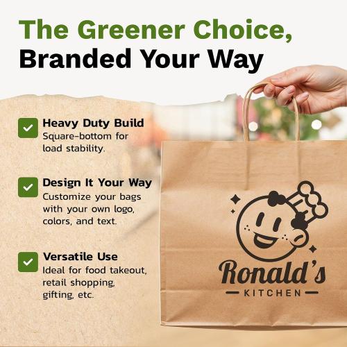 EKOBAGS SIENNA 100 | Extra Large 12x8x13 Heavy Duty Kraft Paper Gift Bags with Handles | 115 GSM Premium Brown Paper Bags Bulk for Small Business, Boutique, Shopping, Catering | FSC Certified, Recyclable | Holds 10 lbs