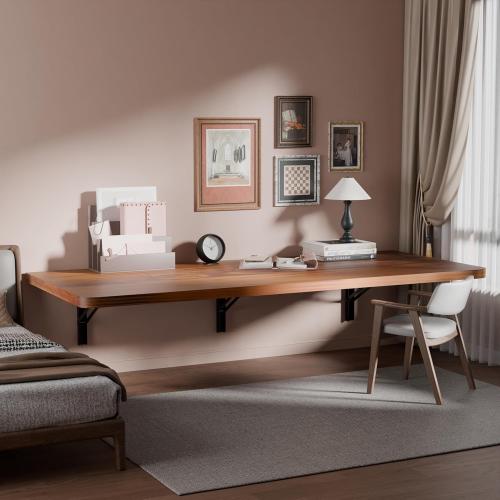 IAE Floating Wall Mounted Folding Table Desk with Pine Wood,55 x 22 Foldable Workbench,Fold Down Wall Mounted Foldable Desk with Shelf Brackets,Laundry Folding Table for Home,Dining,Kitchen,Teak