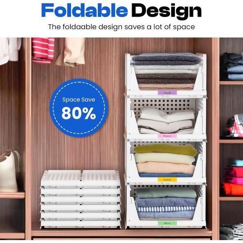 Stackable Plastic Storage Baskets–Set of of 4, Wardrobe & Closet Organizer – Durable Stacking Bins for Clothes, Pantry, or Shelf – Foldable & Space-Saving with 2 Label Sheets-White